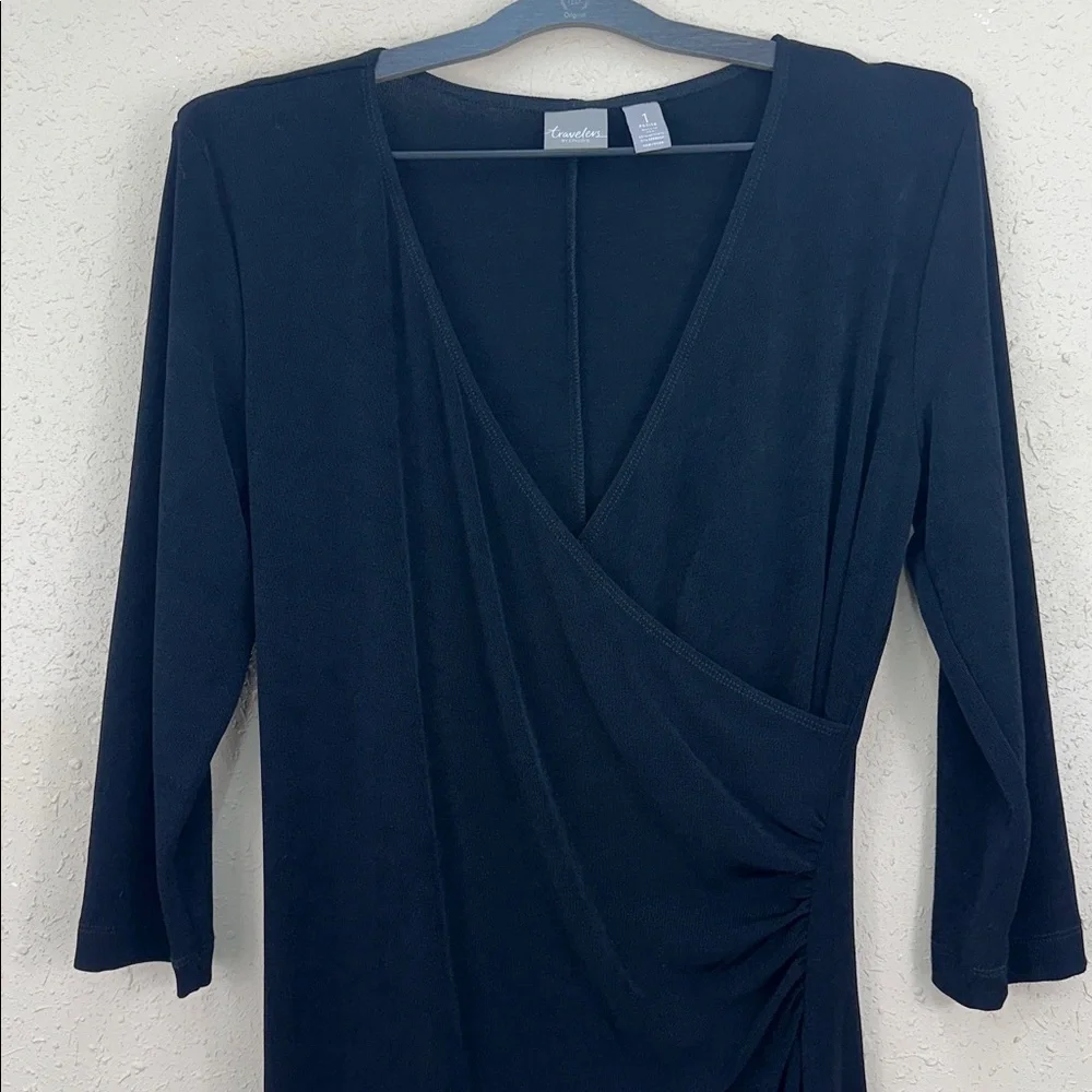 Chico's Travelers Rosemary Faux Wrap Dress Black 3/4 Sleeve Ruched Knit Sz 1/S - Picture 2 of 5